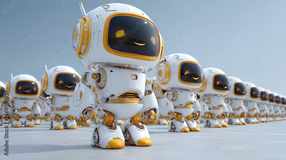 Fototapete 3D graphics of AI robot character standing at attention with smiling face Stock Illustration