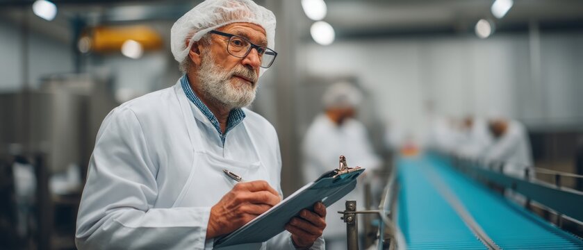 Senior man inspecting clipboard in food processing factory