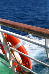 Lifebuoy on the boat. Selective focus.