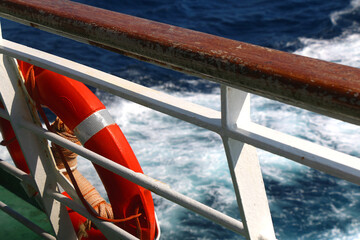 Lifebuoy on the boat. Selective focus.
