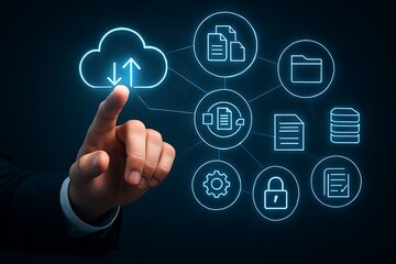 Fototapeta premium Human finger interacting with digital cloud data network hand touching