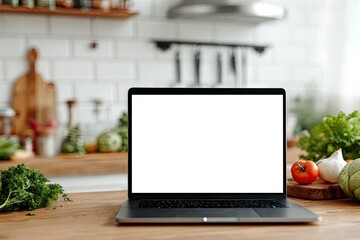 Laptop with blank screen sits on wooden kitchen counter amidst fresh vegetables and blurred kitchen background