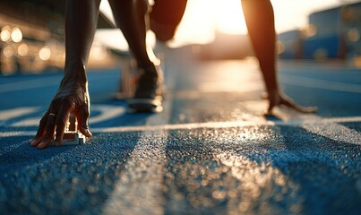 Low-angle close-up of a runner's hands on starting blocks, poised on a blue track at sunset, ready for a race.  Sunlight backlights the scene