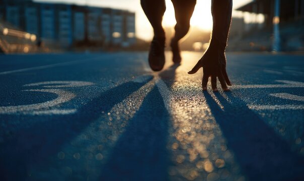 Low-angle close-up of runner's feet and hand on starting block, back-lit by setting sun on a running track