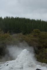 A powerful geyser erupts with a towering column of steam and water, set against a misty, dramatic...