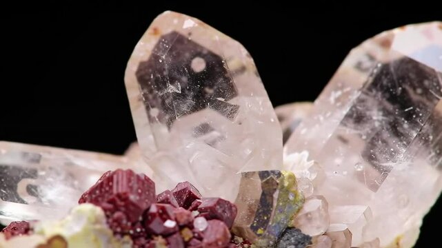 Quartz crystal mineral formation with ruby colored crystals.