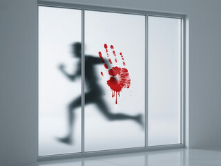 Silhouette of a running figure is seen through frosted glass, with a large red handprint smudged on the surface, creating a dramatic and suspenseful atmosphere in the scene