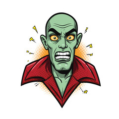 Angry green ghoul character expressing intense emotion in pop art style with vibrant colors and dynamic shapes, comic art concept of Halloween, graphic design.