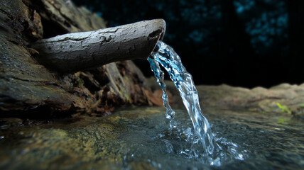 Clear spring water flowing from a hollow log in nature