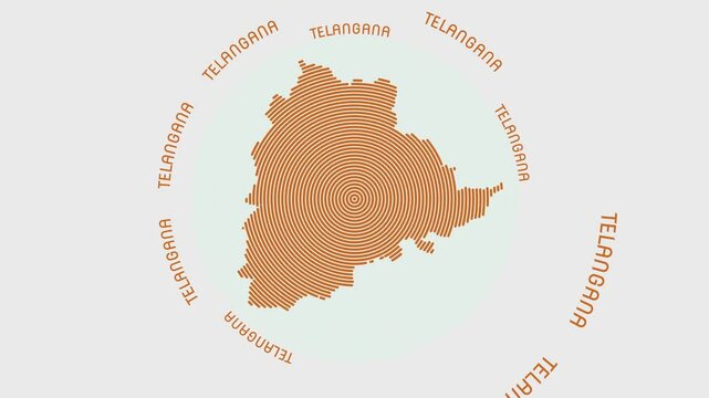 Telangana shape with dynamic circles visual effect. Animation of Telangana logo appearing from rotating rings and State name around the shape. Intro, opening, closing, logo video.