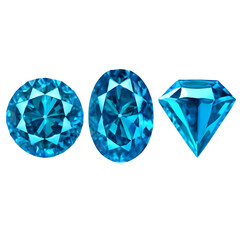 Fototapeta premium Three azure gems, round, oval, and diamond, against black