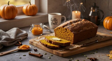Warm pumpkin bread with melting butter, served beside spiced puree, coffee, and candles in a cozy fall kitchen. Pumpkins, cinnamon sticks, and golden light complete the seasonal scene.