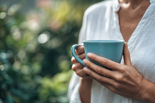 Woman's hands gently cradle a teal mug filled with a warm beverage outdoors, sunlight dappling through lush foliage