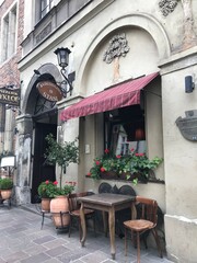 Outdoor cafe seating in European city (Krakow, Poland)