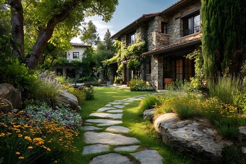 Fototapeta premium Eco-Friendly Home Garden with Stone Path and Colorful Blooming Flowers 