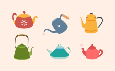 Set of cute colourful teapots of different shapes. Clipart with cute bright teapots. Elements for autumn design, stickers, pin, prints