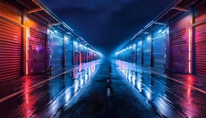 dark rainy night at a storage facility with neon lights use for a background modern design or retrowave aesthetic