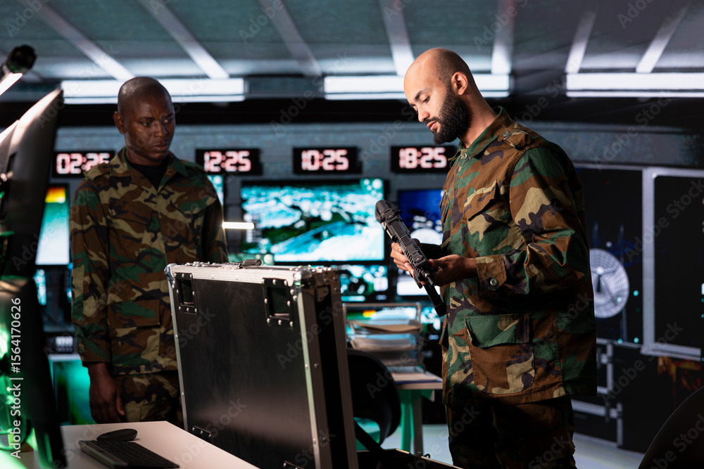 Poster army solders packing weapons able to engage targets at extended range with accurate, lethal fire. mi