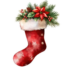 Christmas stocking watercolor illustration isolated on transparent background. Ideal for holiday decorations or retail promotions.