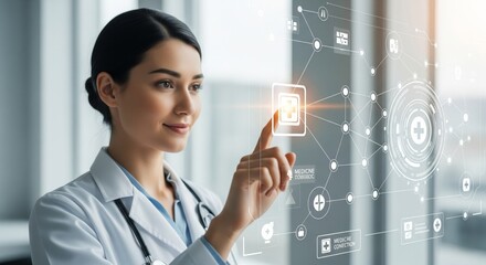 Young female doctor interacting with futuristic medical interface in hospital