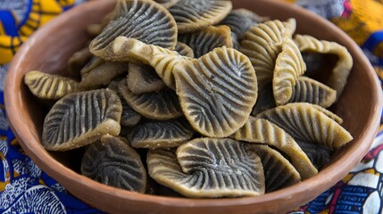 Closeup of Delicious Traditional African Leaf-Shaped Snacks in Clay Bowl
