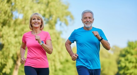 Active mature caucasian couple enjoying a jog in the park
