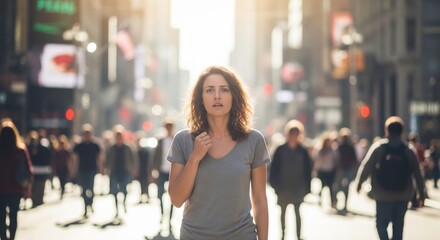 Caucasian female adult in busy urban street with sunlit background