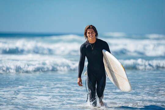 A smiling young man in a wetsuit carries a surfboard, wading through shallow ocean water towards the shore on a sunny day
