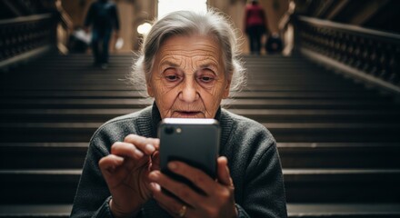 Elderly caucasian female using smartphone on staircase with focused expression