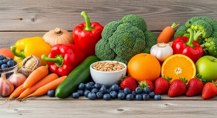 Fresh assorted colorful vegetables and fruits on wooden table
