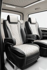 Luxurious van interior showcasing two captain's chairs with diamond-stitched cream and black leather upholstery, featuring armrests and modern design elements