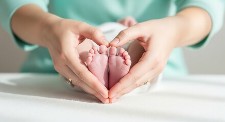 Mother forming heart shape around newborn baby's feet with hands