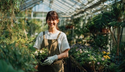 A smiling young woman gardener holds a potted plant in a sunny greenhouse surrounded by lush greenery