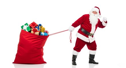 Santa claus with gift sack on white background