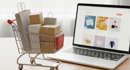Online shopping concept with laptop and miniature shopping cart with boxes