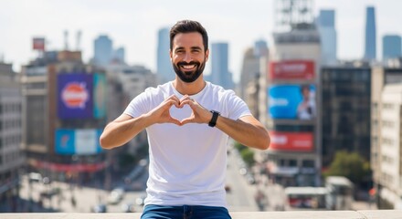 Smiling caucasian male making heart gesture in urban cityscape