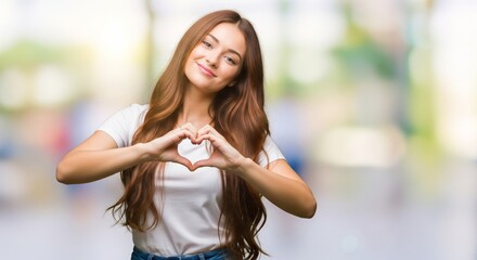 Smiling young caucasian woman making heart gesture outdoors