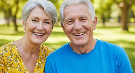 Smiling elderly caucasian couple enjoying a sunny day in the park