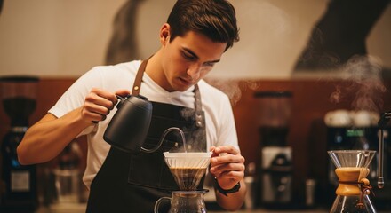 Young caucasian male barista brewing pour-over coffee in cozy cafe