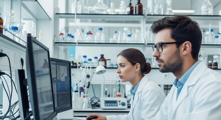 Young caucasian scientists in laboratory analyzing data on computers
