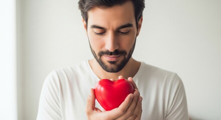 Young caucasian male holding red heart symbol of love and care