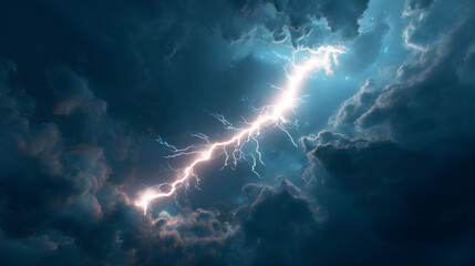 Fototapeta premium Bright lightning bolt with thunder effect. Glowing electric flash tormy sky. Perfect for dramatic, magical, or weather-themed visuals dark background. 