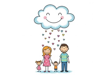 Happy Family Under Loving Cloud. This cheerful cartoon depicts a domestic unit receiving colorful affections from a joyous sky element, symbolizing care, bliss, and togetherness.