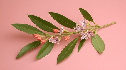 Obraz premium Elegant Pink and Purple Flower Branch on Pink Background Botanical Illustration