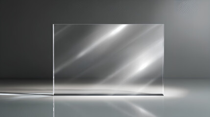 Clear, shiny acrylic sheet. Transparent plastic panel. Realistic glare and reflection on a see-through surface. Ideal for showcasing objects or designs. 