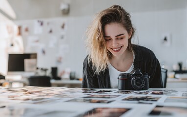 A smiling young woman reviews photos spread across a table in her bright, minimalist studio, a camera resting beside the prints