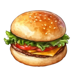 Hamburger watercolor illustration isolated on transparent PNG for menus or fast food branding.