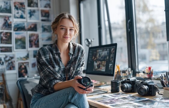 A smiling young woman photographer sits in her bright studio, holding a camera, surrounded by photos, computer, and equipment