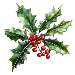 Holly watercolor illustration isolated on transparent background for Christmas cards and seasonal designs.