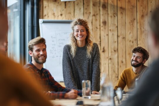 A smiling young woman stands at a conference table, presenting to a small group of colleagues in a rustic, wood-paneled room. They are seated around the table, engaged in conversation - Powered by Adobe